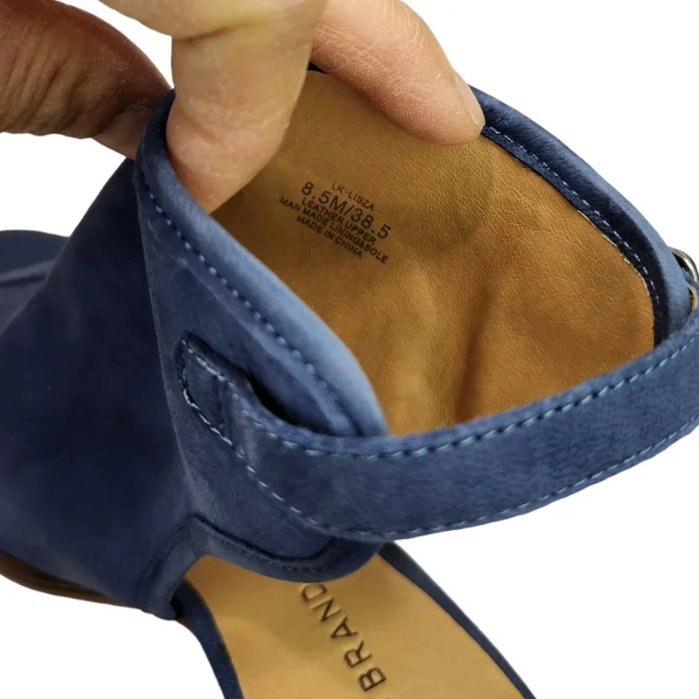 Lucky Brand Blue Peep Toe Block Stacked Ankle Heel Booties Shoes Sandals 8.5